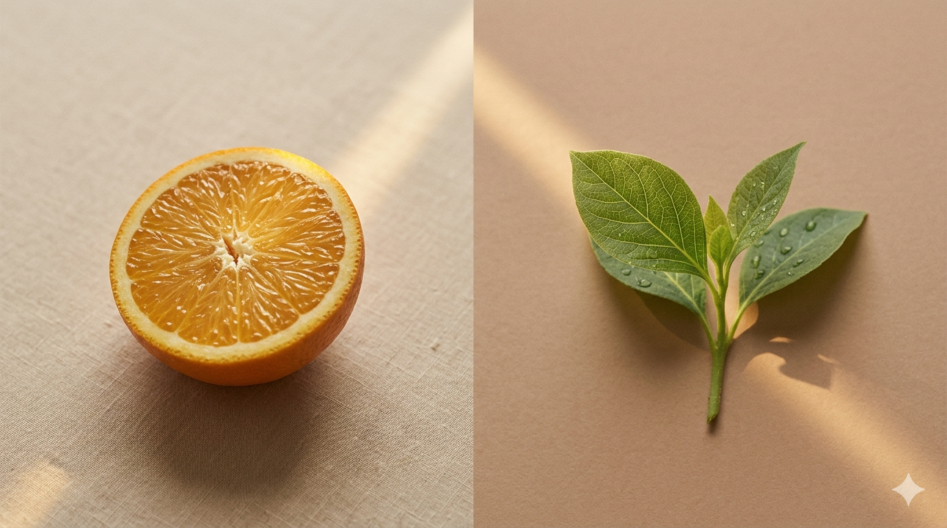 Vitamina C o esosomi vegetali: due approcci complementari alla cura della pelle, illustrati da un'arancia e un germoglio verde