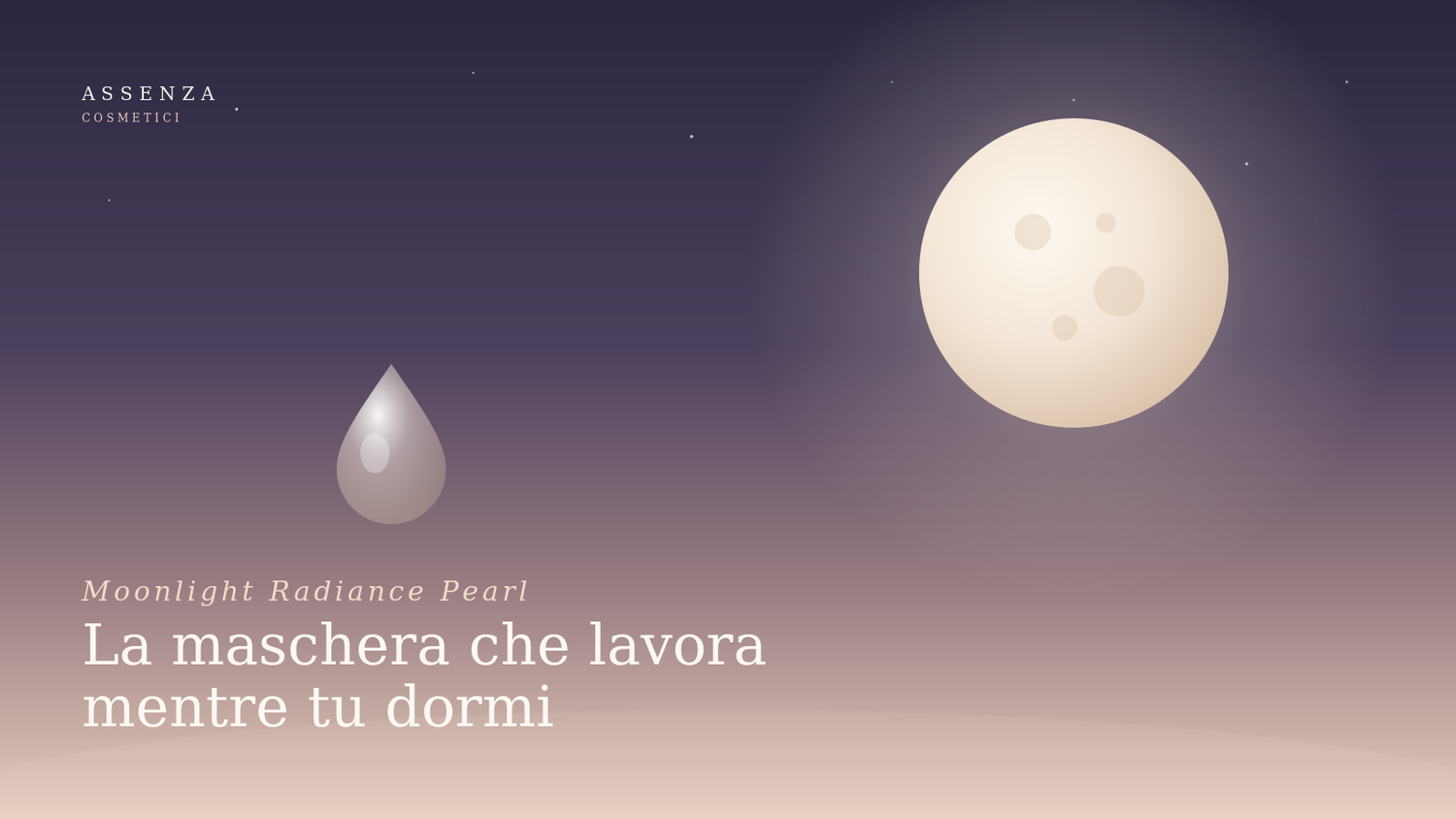 Moonlight Radiance Pearl, maschera viso notte Assenza Cosmetici: illustrazione editoriale con luna perlescente e goccia di glicerina