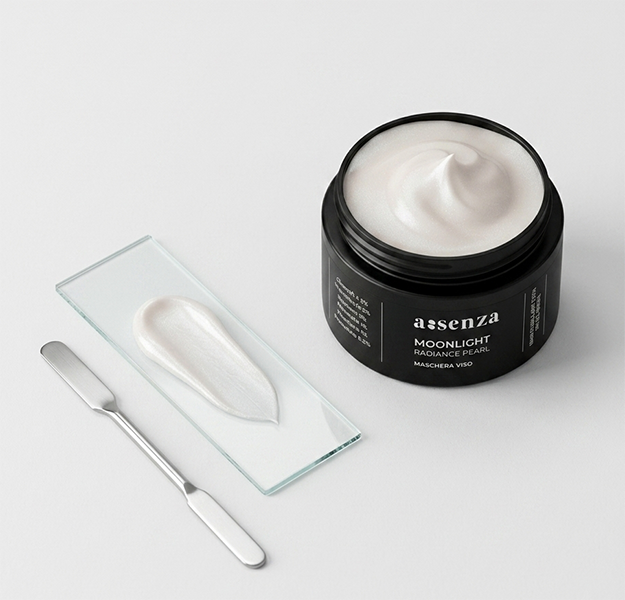 Maschera viso Moonlight Radiance Pearl di Assenza, vasetto aperto con texture perlescente su vetrino